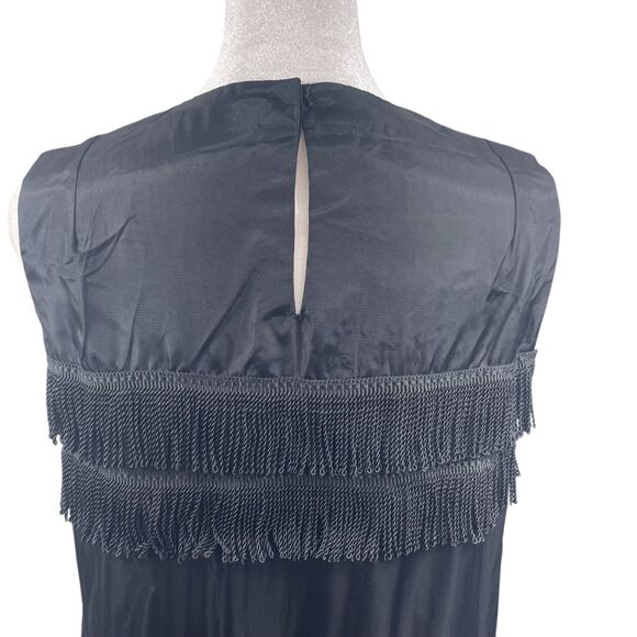 VTG 60s Black Satin Fringe Flapper Dress Size M Handmade Disco Hippy Whimsigoth - Picture 6 of 8